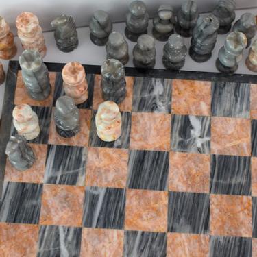 Vintage Marble Chess Set and Board. Handmade Mexican Decor. Chess Set in Black and Brown Stone. 