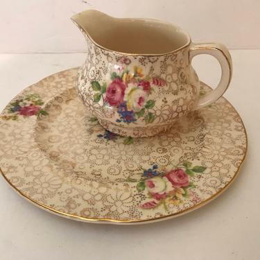 Vintage H &amp; K Tunstall Made in England  6 1/2&amp;quot; Salad Plate Plate and Creamer Gold  Rose Flowers 