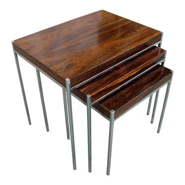 Mid-Century Modern Nesting Tables, Rosewood &amp; Chrome, Danish Modern, Set of 3 