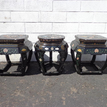 3 Stools Asian Inspired Chinese Lacquer Benches Seating Ottomans Chair Hassock Footstool Chinoiserie Asian Boho Hollywood Regency Chic 