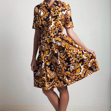 vintage 60s shirtwaist dress yellow black floral belted LARGE L 