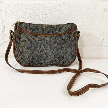 Vintage Tapestry Bag Handbag Purse Satchel Carpet Floral USA Accessories Unlimited Cornish Maine Brown Green Crossbody 1980s 80s 