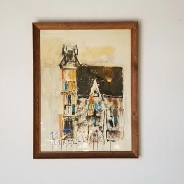 1970s Abstract Village Scene Mixed-Media Painting, Framed. 