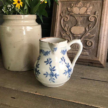 French Floral Stoneware Jug, Chocolate, Pitcher, Rustic Floral Earthenware Pitcher, French Farmhouse Table 