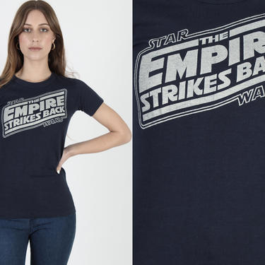 Vintage 80s Star Wars The Empire Strikes Back Movie Luke Skywalker Jedi Yoda R2D2 C3PO 50 50 Navy Blue Unisex Mens Womens Tee T Shirt Small 