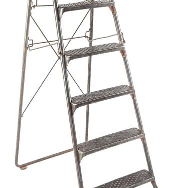 american depression era antique industrial reinforced tubular brushed metal collapsible ladder with riveted joint rungs or steps and oversized raised edge tray