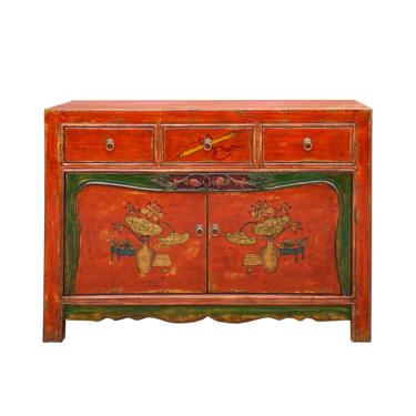 Chinese Distressed Bright Orange Red Flower Graphic Table Cabinet cs6066E 