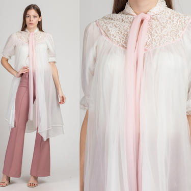 60s White Lace Trim Peignoir Robe - Small | Vintage Negligee Midi Dressing Gown 