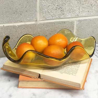 Vintage Bowl Retro 1970s Bohemian + Yellow Glass + Handblown + Abstract Shape + Partially See Through + Kitchen Storage and Decor + Fruit 