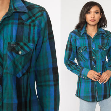 Wrangler Western Shirt 80s Flannel Plaid Shirt Blue Green PEARL SNAP Long Sleeve Checkered Button Up Vintage  Medium Large 