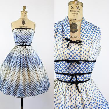 1950s Best &amp; Co blue roses strapless dress xxs | vintage silk dress | new in 