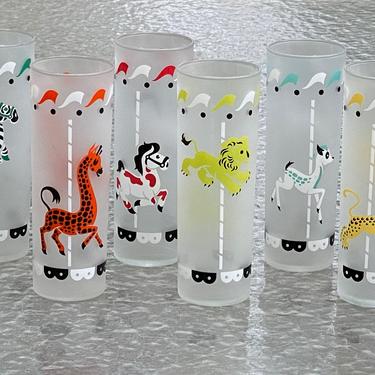Six Vintage Libbey Circus Carousel Tall Frosted Glass Tumblers 