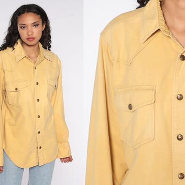 Eddie Bauer Western Shirt Button Up Shirt 70s Yellow Shirt Rodeo Hippie Boho 1970s Shirt Bohemian Vintage Snap Plain Long Sleeve Large xl l 