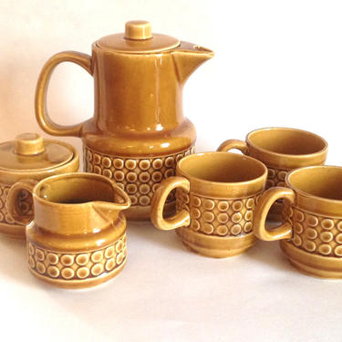 Vintage 1960s Ceramic Coffee Set Coffee Pot, Covered Sugar Bowl, Creamer and 3 Mugs Amber Raised Polka Dot Pattern 