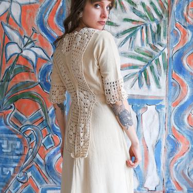 Vintage Edwardian Style Ivory Crochet Wool Dress/ 1910s 1970s Long Off White Winter Dress/ Winter Wedding/ Size Small 