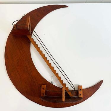 Vintage Wooden Moon Curio Shelf Wall Hanging Crescent Display Collectibles Crystals Wood Miniatures Shelf Shelving Stairs Crystal 70s 1970s 