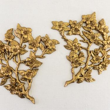 Set of 2 Burwood Gold Floral Wall Sculptures, Faux Wood Flowering Tree Branch Wall Plaques, Garden Lover's Gift 