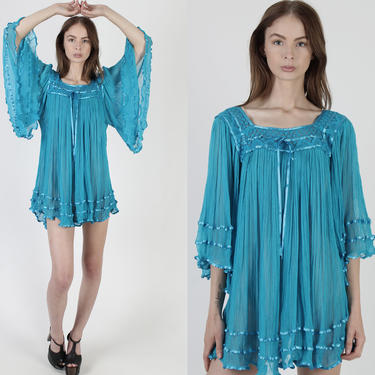 Turquoise Cotton Gauze Micro Mini Dress / Teal Mexican Crochet Kimono Sleeves / Sheer Angel Bell Sleeves / Womens Vacation Cover Up Dress 