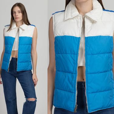 70s 80s Color Block Puffer Vest - Men's Small, Women's Medium | Vintage Unisex Blue White Sleeveless Winter Ski Jacket 
