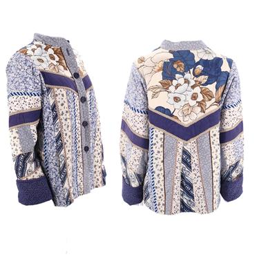 70s folk art quilted jacket / vintage 1970s 80s art to wear folk quilt appliquéd chore jacket M 