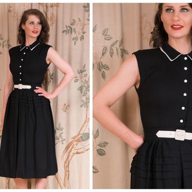 1950s Dress - The Morning Edition Dress - Crisp Vintage 50s Tailored Black Linen Day Dress with White Collar and Belt Detail 