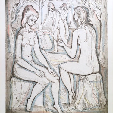 Irving Amen Etching Female Nude Bathers, In The Garden, 87/200 Signed 1960s MCM 