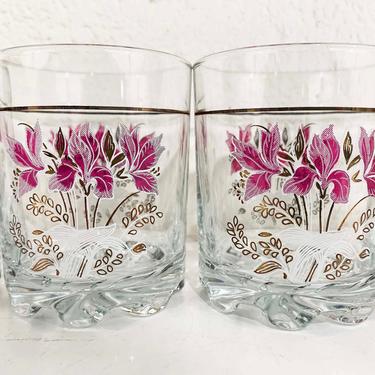 Vintage Pink Iris Glasses Set of Four Italian Glassware Italy Rocks Glass Pink Flowers Flower Floral Barware Retro Bar Home Kitchen 