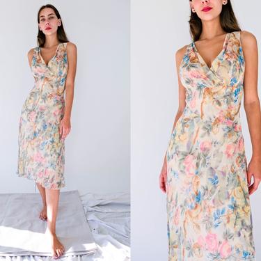 Vintage Diane Von Furstenburg Cream Floral Watercolor Silk Empire Waist Dress | 100% Silk | Bohemian Summer Dress | Y2K 2000s DVF Silk Dress 