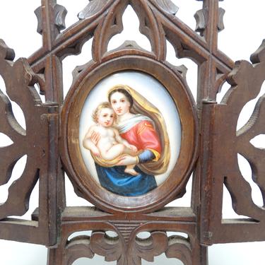 Hand Painted French Miniature Portrait of Saint Mary with Christ Child Jesus in Hand Carved Wooden Triptych Frame, Antique Madonna Painting 