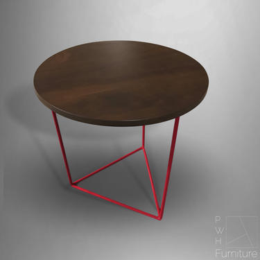 Modern End Table with Round Walnut Top and Triangle Steel Base, Geometric Side Table, Handcrafted 