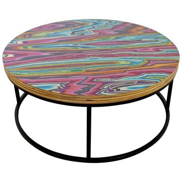Contemporary Modernist Round Multi Color Resin Coffee Table Metal Base Pink Blue 