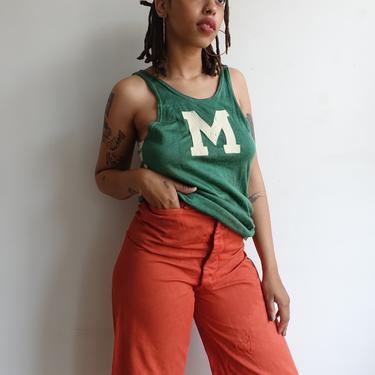 Vintage 60s Green and White Jersey/ 1960s Two Tone Rayon Striped Tank Top/ Athletic Sport Uniform/ Size Small 