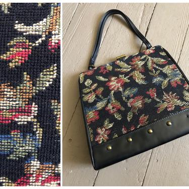 true vintage 1960s floral needlepoint handbag | ‘50s top handle tapestry purse, vegan 