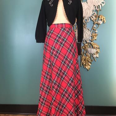 1960s maxi skirt, red plaid, tartan, vintage skirt, holiday, size x small, a-line, high waist, 25 waist, mod skirt, wool blend, Christmas 