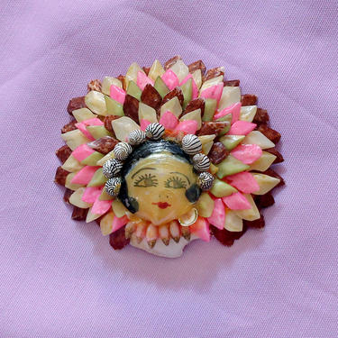 Rare Unusual 1920s Sea Shell Brooch / Hand Painted Flapper Face! 20s Pin 