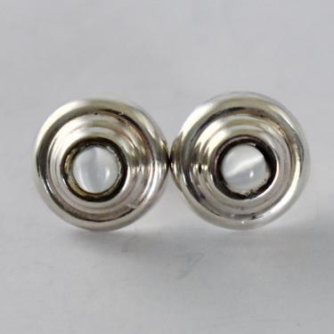 90's sterling white cats eye edgy Mondernist studs, Mexico 925 silver chatoyant glass raised geometric button earrings 