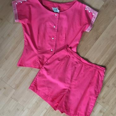 1950s - women's rockabilly VLV two piece matching set coral pink white button up top high waist shorts Medium 38 bust 28 waist 