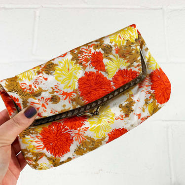 Vintage Floral Purse Clutch Flower Bag 1950s 1960s Handbag Flowers Fabric Kisslock Coin Abstract Pink Fabric Foldover Boho Mid-Century MCM 