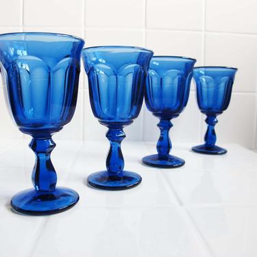 Vintage Cobalt Blue Glass Wine Goblets Set 4 - Dark Blue Petite Wine Glasses - Housewarming Hostess Gift - Boho Dinner Party 