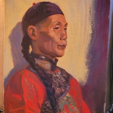 Vintage 1940s oil on canvas panel portrait painting of Chinese man with red queue and cap 
