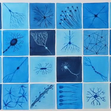 Blue Brain Cells - original watercolor painting of neurons - Neuroscience Art 