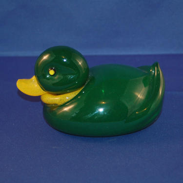 Duck, Duck, Duckies ~ Rainier Glass Studios / Ryan Blythe Forest Green & Sun Yellow Original Art Glass Duckies w/ Original Paper Tag 