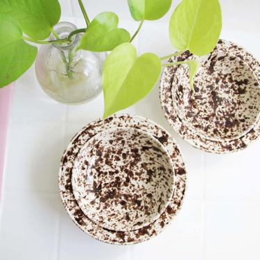 Vintage Brown Speckled Shallow Bowls Set 2 - 80s Splatterware Cereal Dessert Bowls - Farmhouse Eclectic Kitchen 