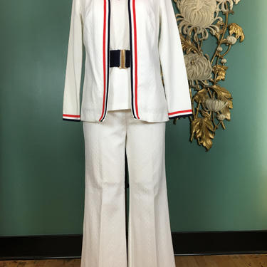 1970s pantsuit, 3 piece set vintage 70s pantsuit, 4th of July outfit, size medium, red white and blue, polyester pantsuit, pants top jacket 