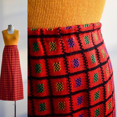 1970s Red Knit Granny Square Maxi Skirt 