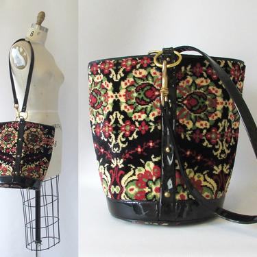 MAGIC CARPET BAG Vintage 60s Purse | 1960s Jana Large Black Tapestry &amp; Patent Leather Bucket Shoulder Bag | 70s 1970s Hippie, Boho, Bohemian 