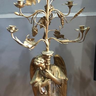 Circa 1900 Cast Metal Angel Candle Holder with Candelabra of Grapes and Leaves 46 InchesTall