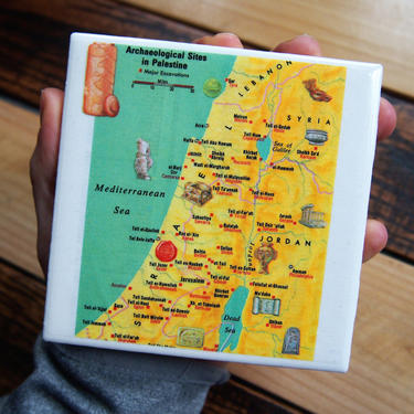1983 Palestine Archaeological Sites Handmade Repurposed Vintage Map Coaster - Ceramic Tile - Repurposed 1980s Funk and Wagnalls Atlas 