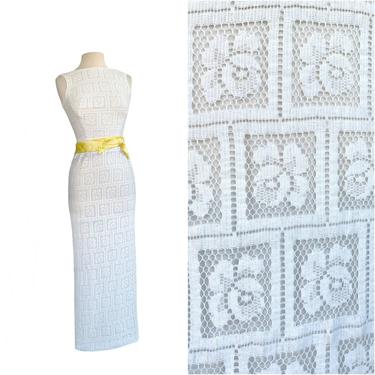 Vintage 60s white lace dress| yellow satin sash| wedding dress with pop of color| floral lace 