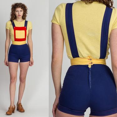 60s Color Block Overall Shorts - Extra Small | Vintage Low Back Retro Cotton Romper Shortalls 